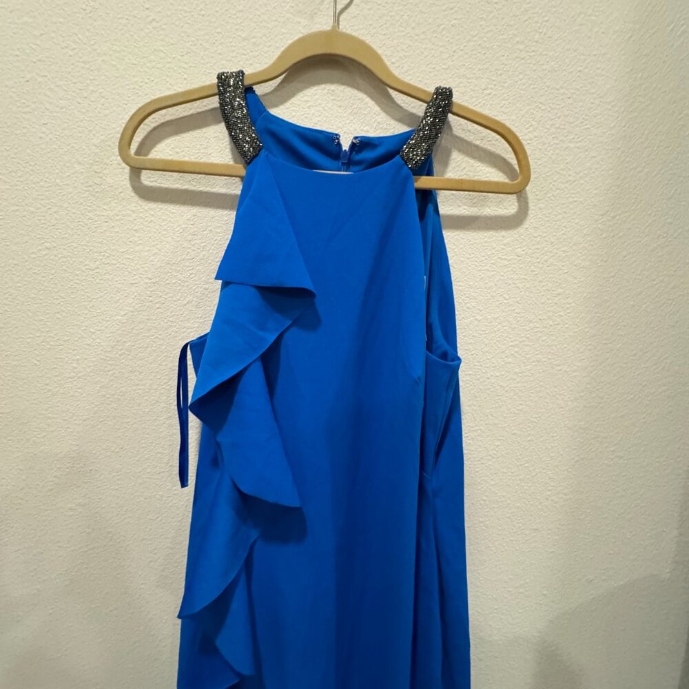 Ralph Lauren Size 16 Ruffled Cocktail Sheath Beaded Halter Dress PORTUGUESE BLUE - Picture 10 of 12